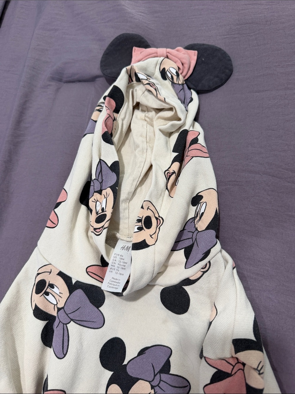 H&M Cream Minnie Mouse Hooded Pajama Top with Pink & Purple Accents